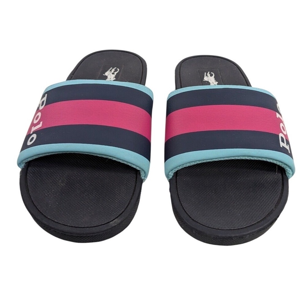 Polo Ralph Lauren Girls Kids Slide Flip Flop Sandals sz 1 Youth Blue Pink Stripe